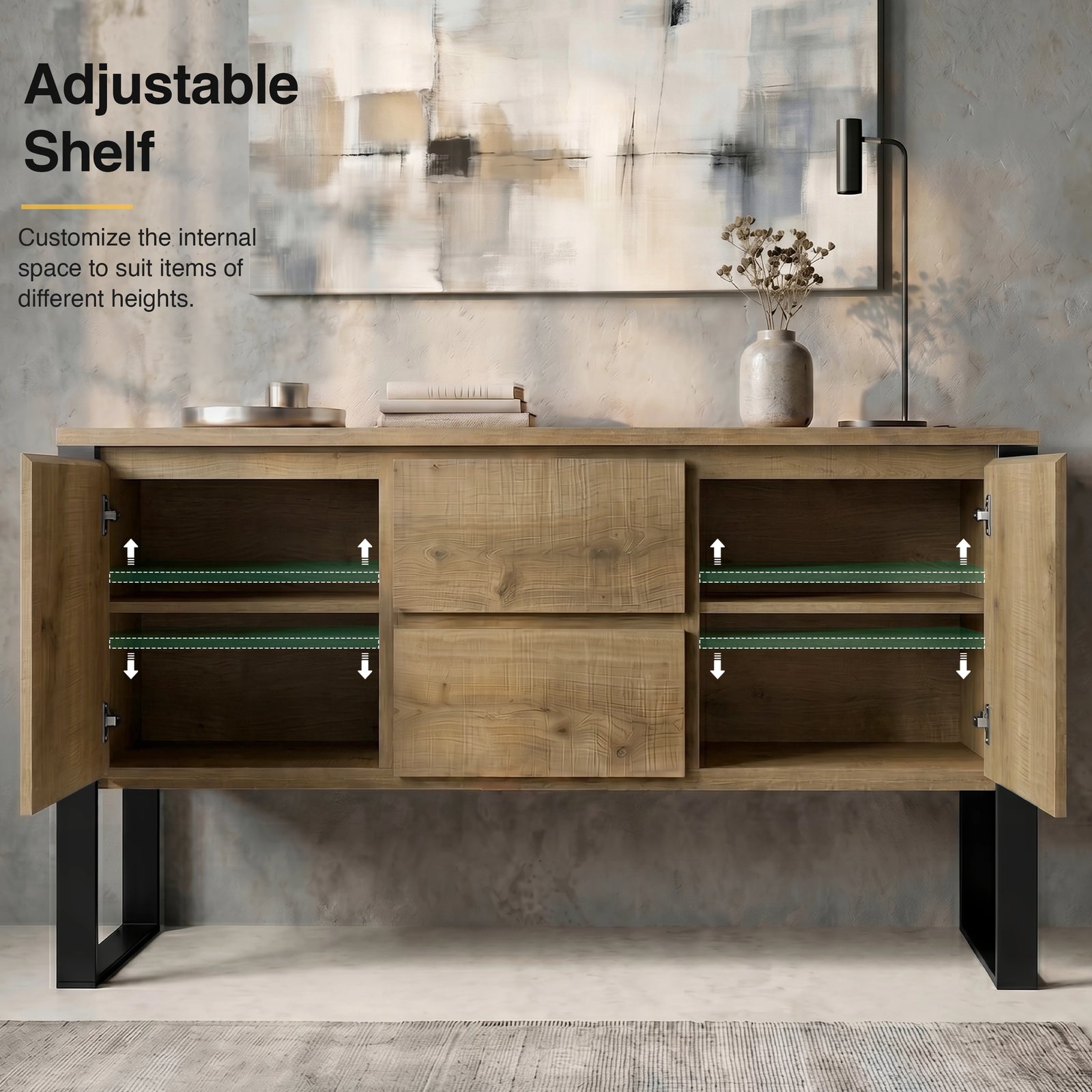 [Oak Effect] Millwright sideboard with both doors open showing adjustable shelf positions and internal storage bays