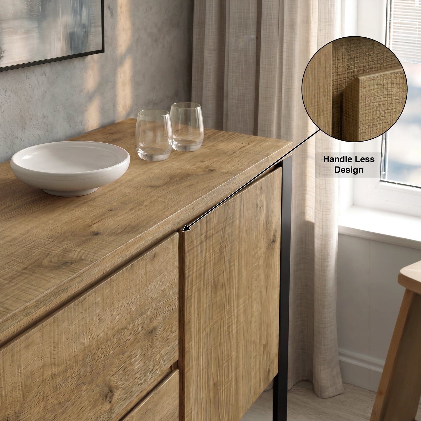 [Oak Effect] Millwright sideboard close-up showing handleless door edge and oak-effect top surface
