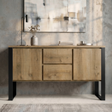 [Oak Effect] Millwright sideboard straight front view with two doors, two drawers, black frame legs, and display top decor