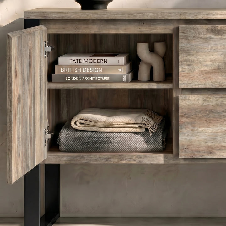 [Smokey Oak Effect] Millwright industrial sideboard left cupboard open with shelf, books and folded throw