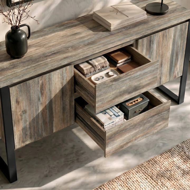 [Smokey Oak Effect] Millwright industrial sideboard cabinet central handless drawers pulled out for storage
