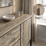 [Smokey Oak Effect] Millwright industrial sideboard top corner with handleless door detail and dining pieces