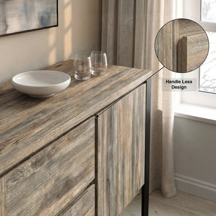 [Smokey Oak Effect] Millwright industrial sideboard top corner with handleless door detail and dining pieces