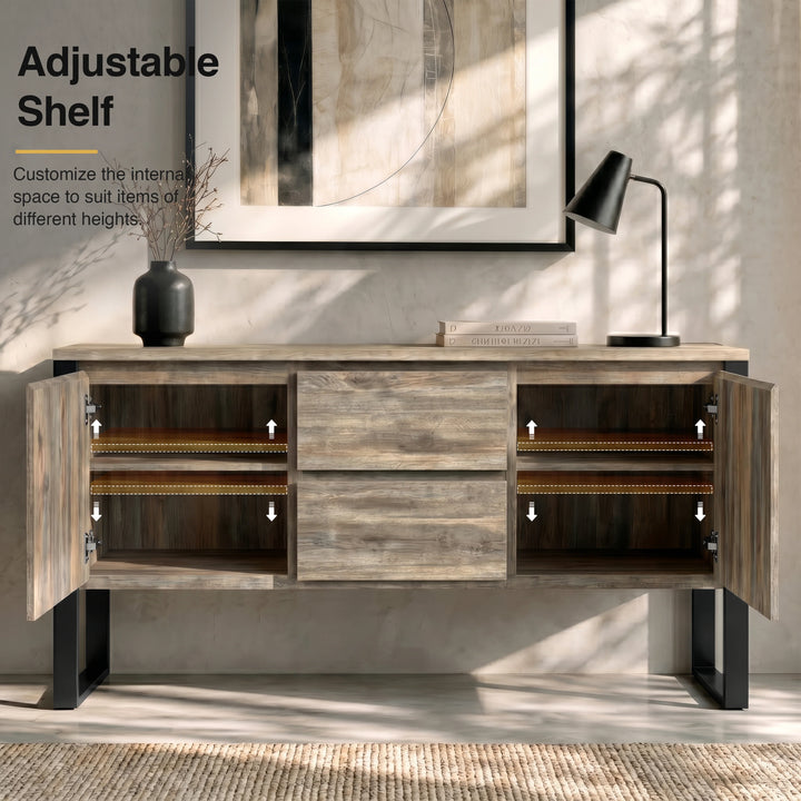 [Smokey Oak Effect] Millwright industrial sideboard with both doors open showing adjustable shelves and internal storage