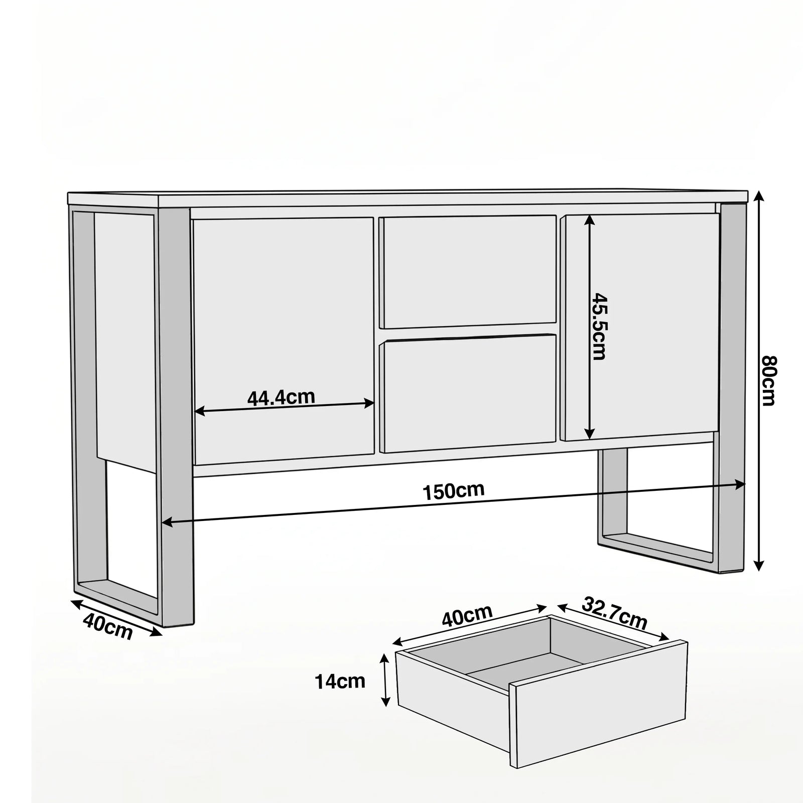 [Smokey Oak Effect] Millwright industrial sideboard W150 D40 H80cm; drawer 14cm high, 40cm wide, 32.7cm deep