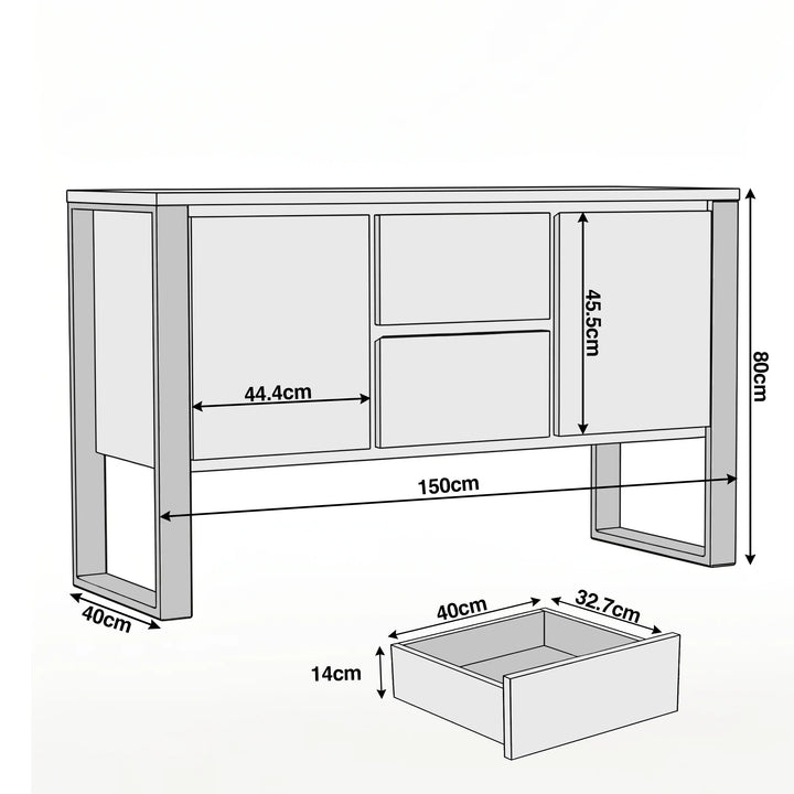 [Smokey Oak Effect] Millwright industrial sideboard W150 D40 H80cm; drawer 14cm high, 40cm wide, 32.7cm deep