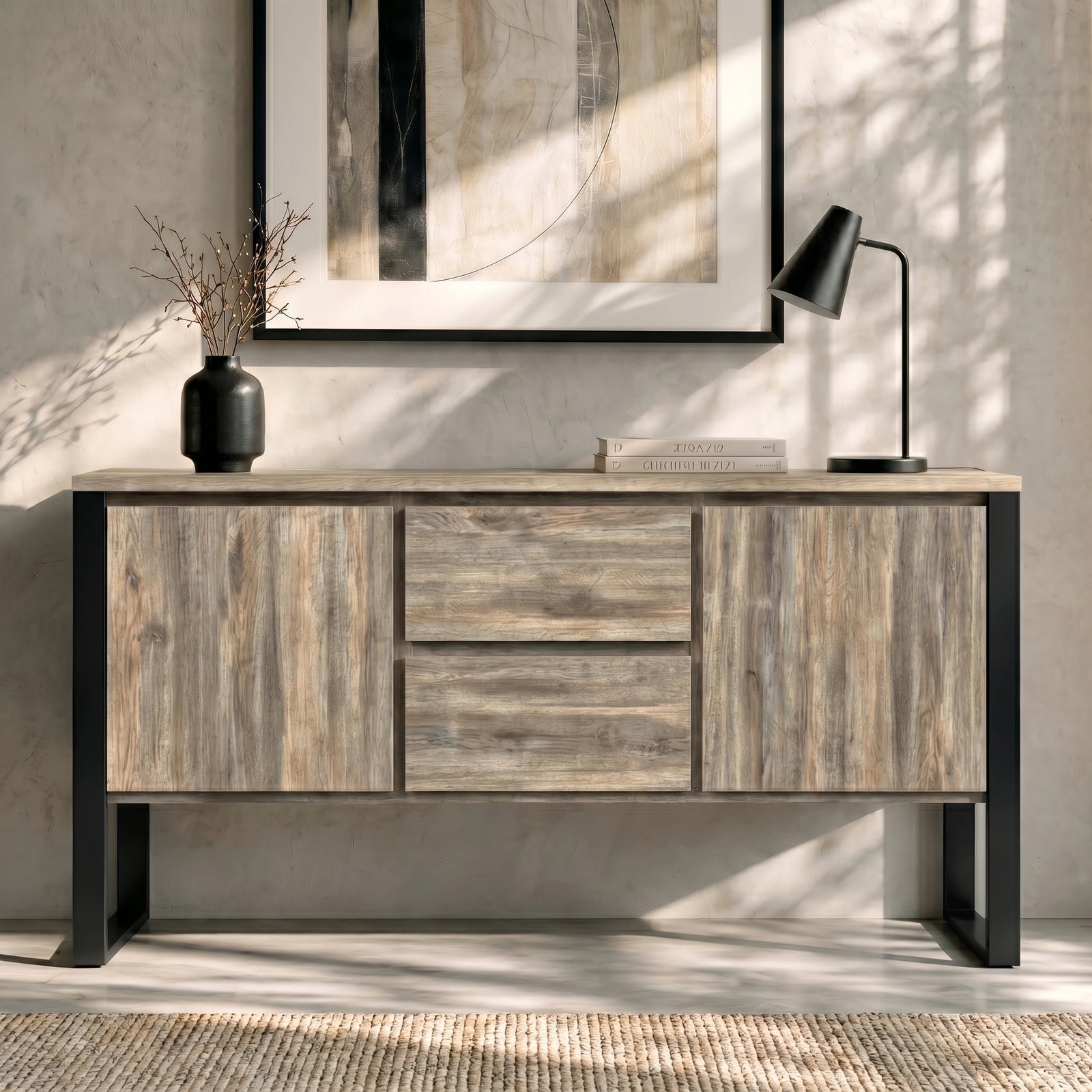 [Smokey Oak Effect] Millwright industrial large sideboard cabinet hanging effect front-view with 2 doors and 2 drawers