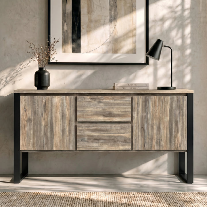 [Smokey Oak Effect] Millwright industrial large sideboard cabinet hanging effect front-view with 2 doors and 2 drawers