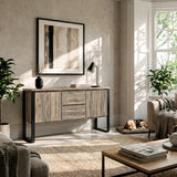 [Smokey Oak Effect] Millwright industrial large sideboard with hanging effect in a full living room beside a window arch