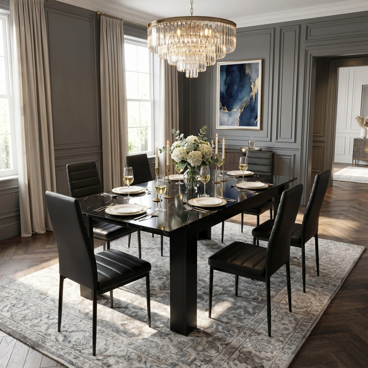 [6 Seater | Black] Milo black marble-effect dining table set with 8 high-back chairs in a spacious room