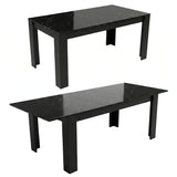 [6 Seater | Black] Milo black marble-effect table shown in closed and extended positions