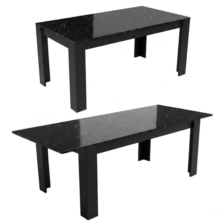 [6 Seater | Black] Milo black marble-effect table shown in closed and extended positions