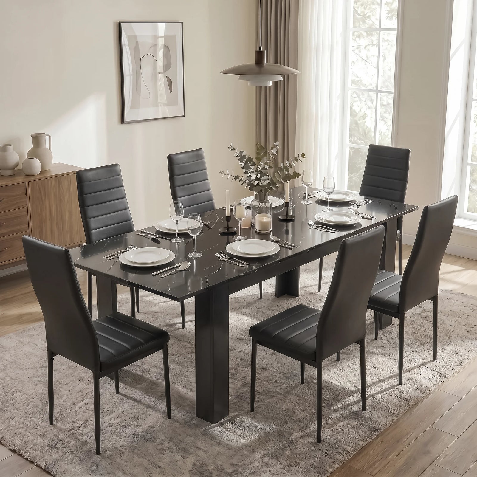 [6 Seater | Black] Milo black marble-effect dining table set extended to 220cm with 8 high-back chairs