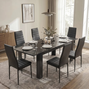 [6 Seater | Black] Milo black marble-effect dining table set extended to 220cm with 8 high-back chairs