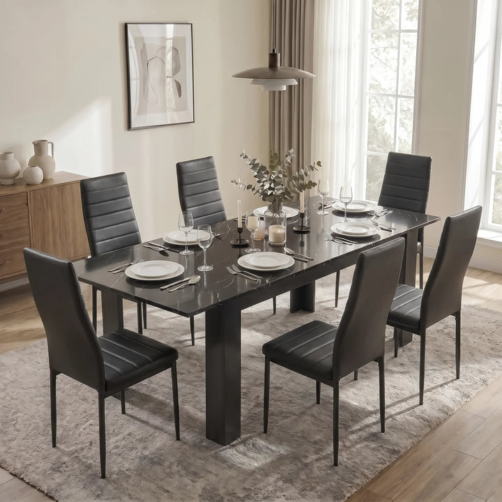 [6 Seater | Black] Milo black marble-effect dining table set extended to 220cm with 8 high-back chairs