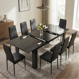 [6 Seater | Black] Milo black marble-effect table partly opened to show the centre extension leaf and sliding rails