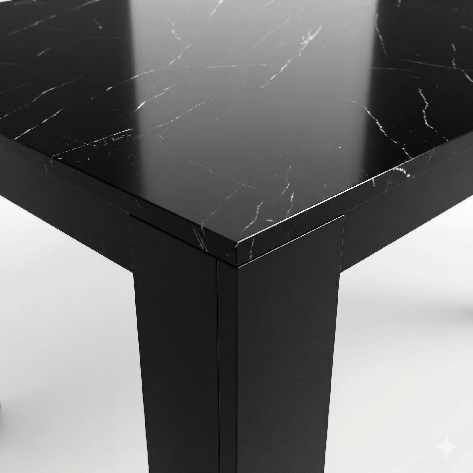 [6 Seater | Black] Close-up of the Milo black marble-effect tabletop edge, surface texture, and inverted-L shape leg
