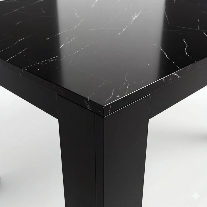[6 Seater | Black] Close-up of the Milo black marble-effect tabletop edge, surface texture, and inverted-L shape leg