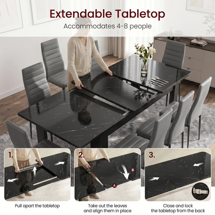 [6 Seater | Grey] Milo extension guide showing tabletop opening, centre leaf placement, and lock-close steps