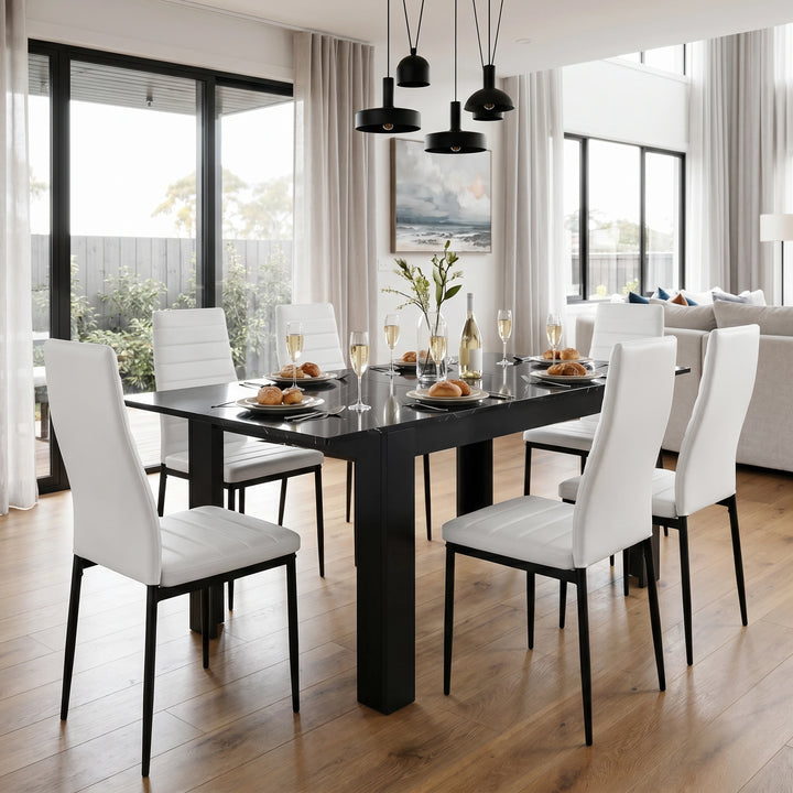 [6 Seater | White] Milo black marble-effect dining table set with 6 high-back chairs in a spacious room view