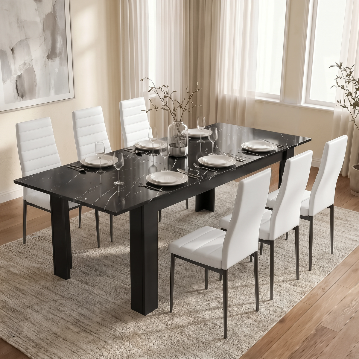 Milo Extendable Dining Table Set Marble Effect 6 Seater White