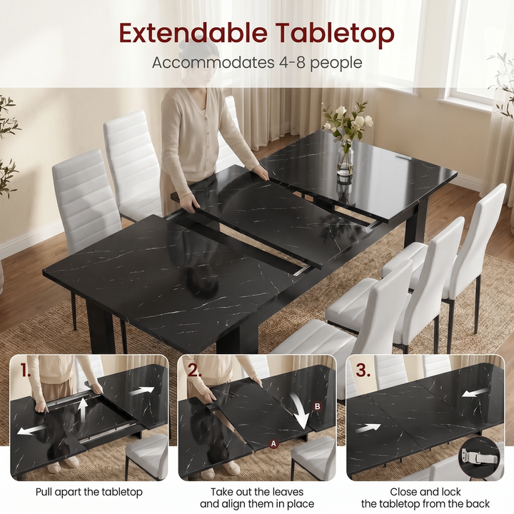 [6 Seater | White] Milo extension guide showing tabletop opening, centre leaf placement, and lock-close steps