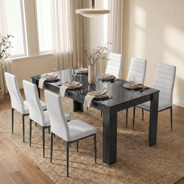 [6 Seater | White] Milo black marble-effect dining table set at 170cm regular size with 6 high-back chairs