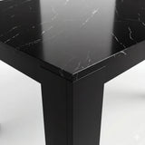 [6 Seater | White] Close-up of the Milo black marble-effect tabletop edge, surface texture, andinverted-L leg
