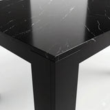[6 Seater | White] Close-up of the Milo black marble-effect tabletop edge, surface texture, andinverted-L leg