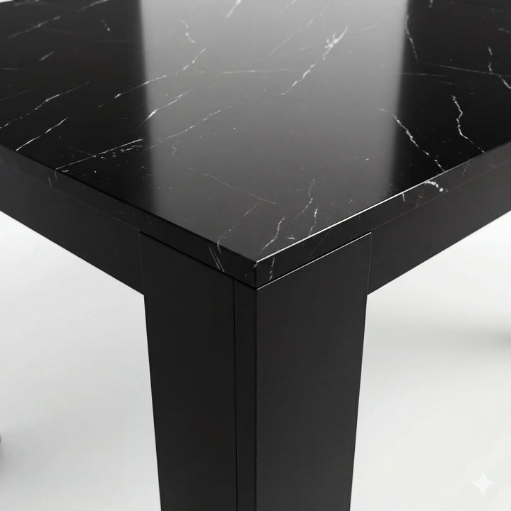 [6 Seater | White] Close-up of the Milo black marble-effect tabletop edge, surface texture, andinverted-L leg