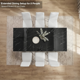 [6 Seater | White] Overhead view of the Milo black marble-effect extended dining table layout with space-efficient chairs