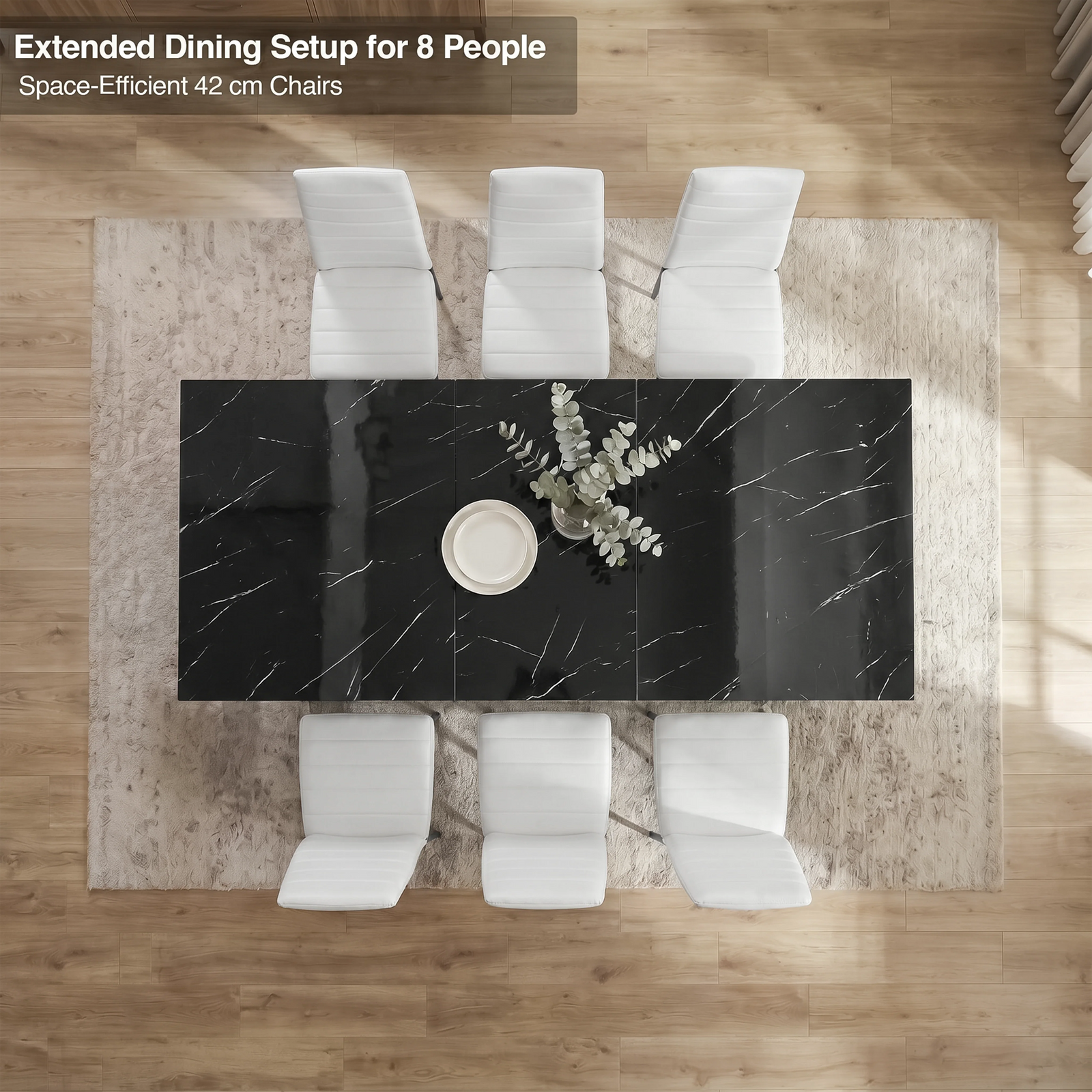 [6 Seater | White] Overhead view of the Milo black marble-effect extended dining table layout with space-efficient chairs
