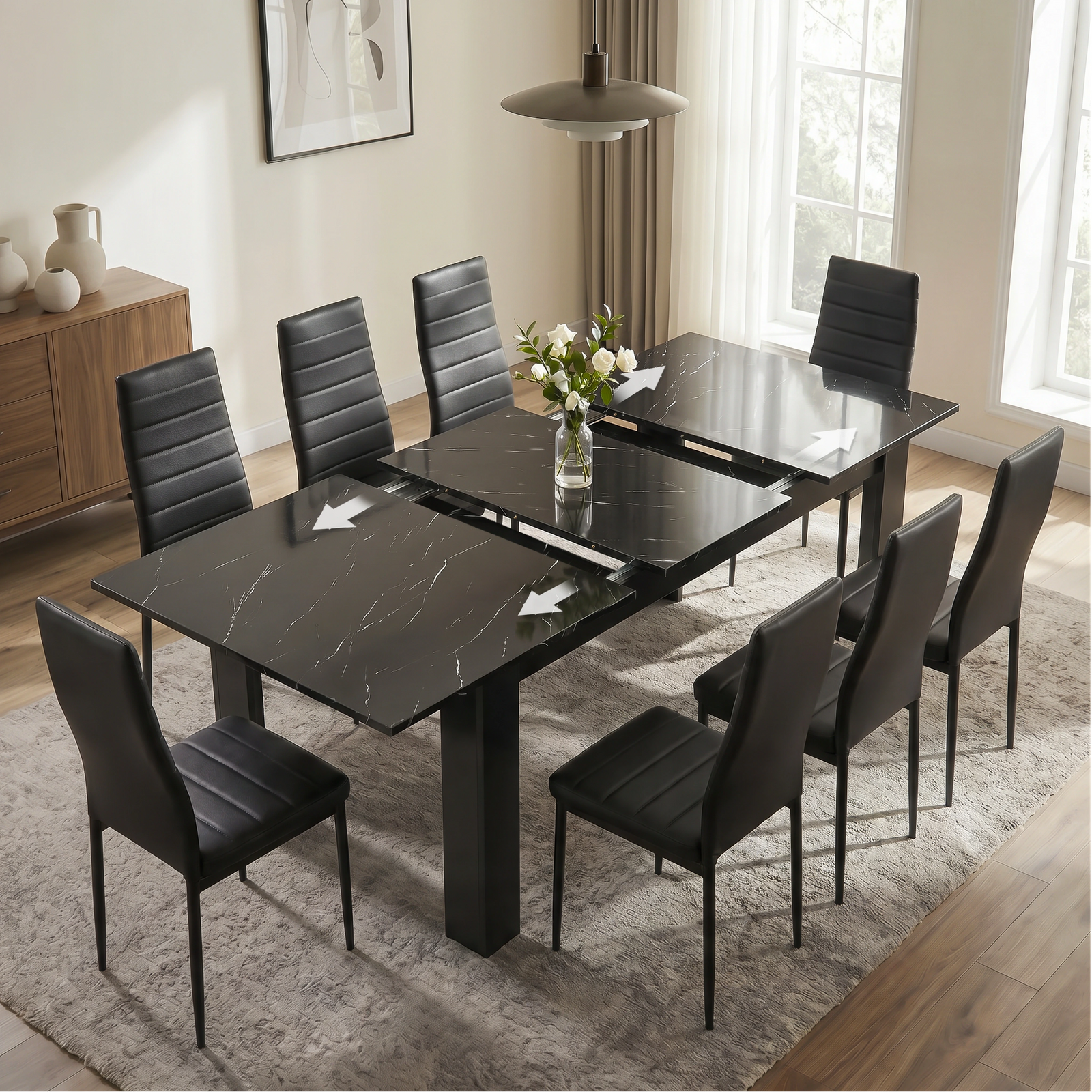 [8 Seater | Black] Milo black marble-effect table partly opened to show the centre extension leaf and sliding rails