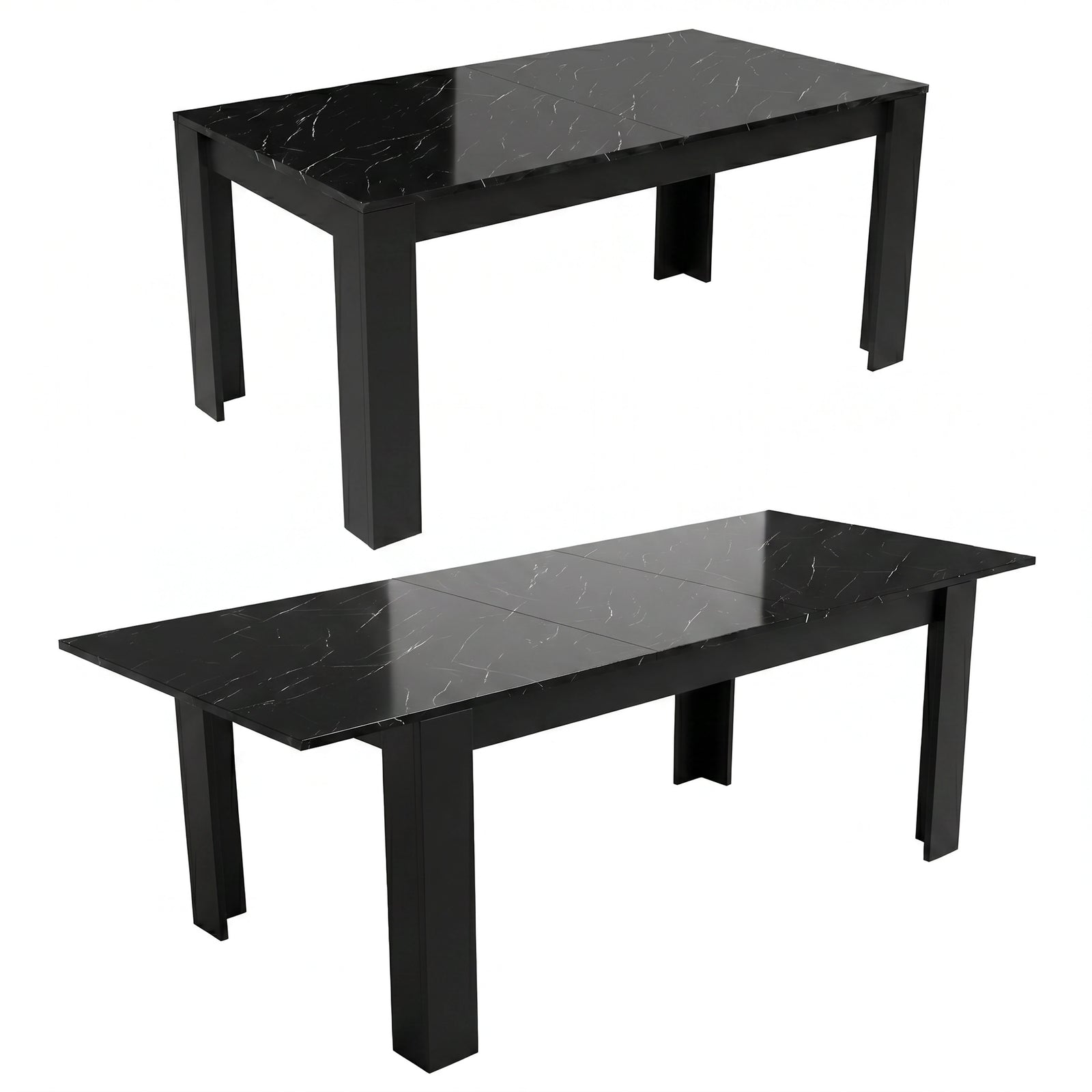 [8 Seater | Grey] Milo black marble-effect table shown in closed and extended positions