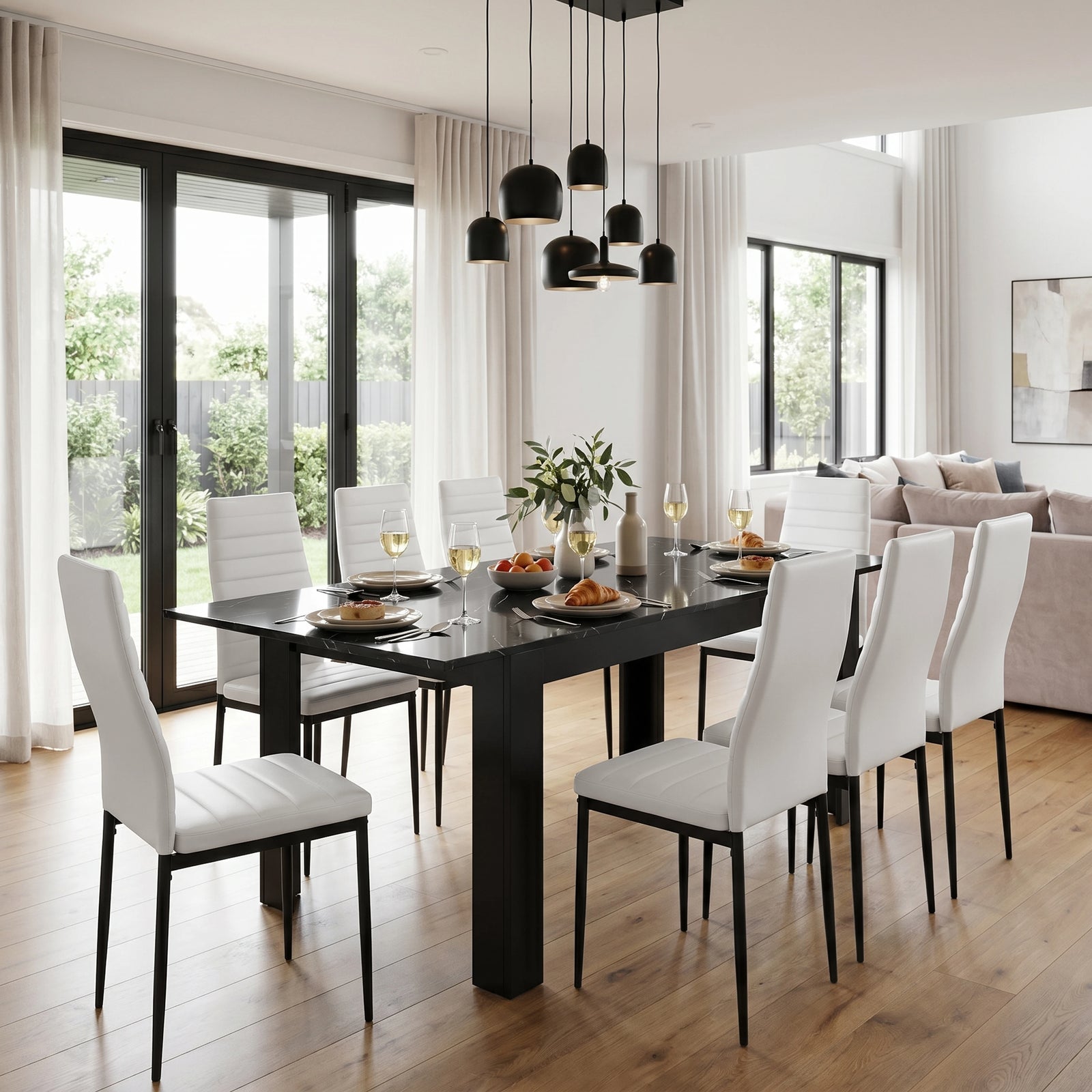 [8 Seater | White] Milo black marble-effect dining table set with 8 high-back chairs in a angled room view