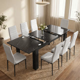 [8 Seater | White] Milo black marble-effect table partly opened to show the centre extension leaf and sliding rails