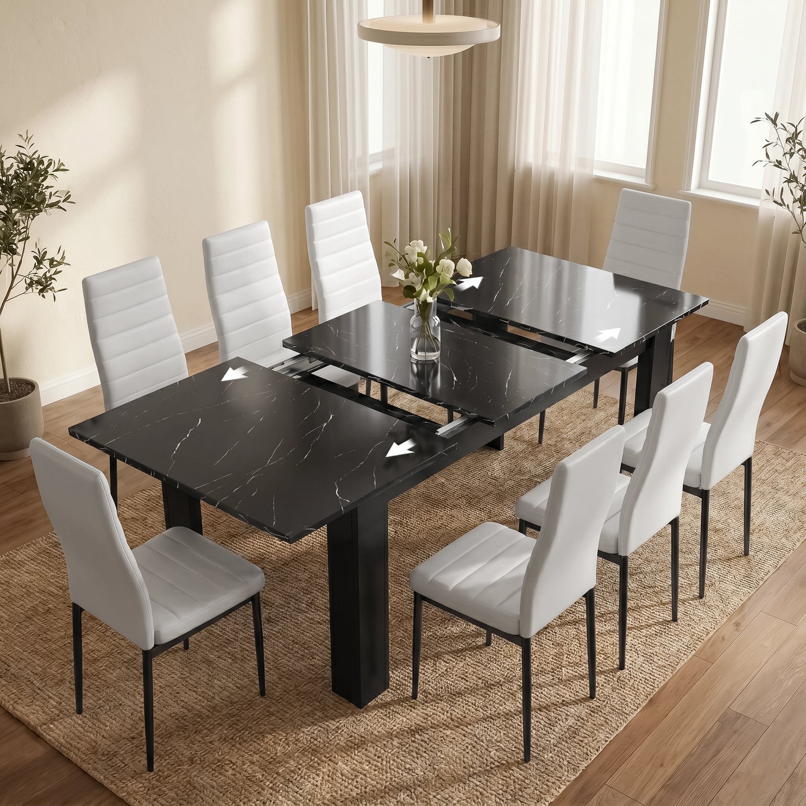 [8 Seater | White] Milo black marble-effect table partly opened to show the centre extension leaf and sliding rails