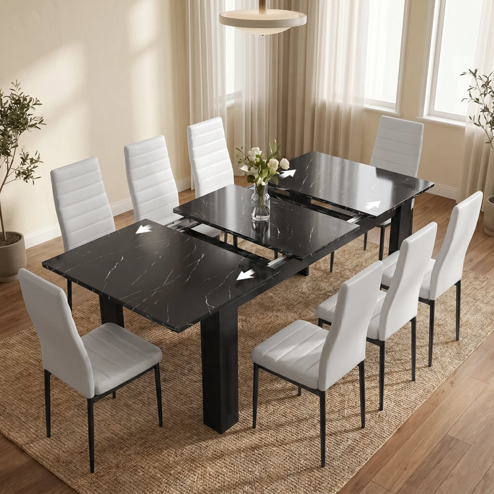 [8 Seater | White] Milo black marble-effect table partly opened to show the centre extension leaf and sliding rails