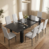 [8 Seater | White] Milo black marble-effect table partly opened to show the centre extension leaf and sliding rails