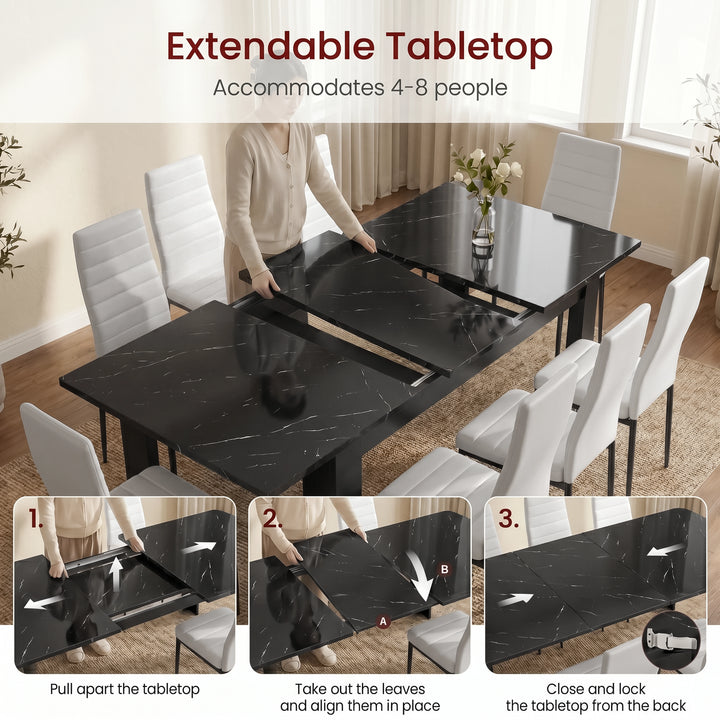 [8 Seater | White] Milo extension guide showing tabletop opening, centre leaf placement, and lock-close steps