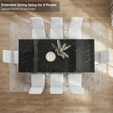 [8 Seater | White] Overhead view of the Milo black marble-effect extended dining table layout with space-efficient chairs