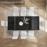 [8 Seater | White] Overhead view of the Milo black marble-effect extended dining table layout with space-efficient chairs
