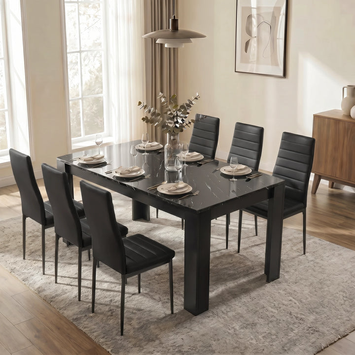 [Black Marble] Milo black marble effect extendable dining table set with 6 black chairs, unextended on a textured beige area rug