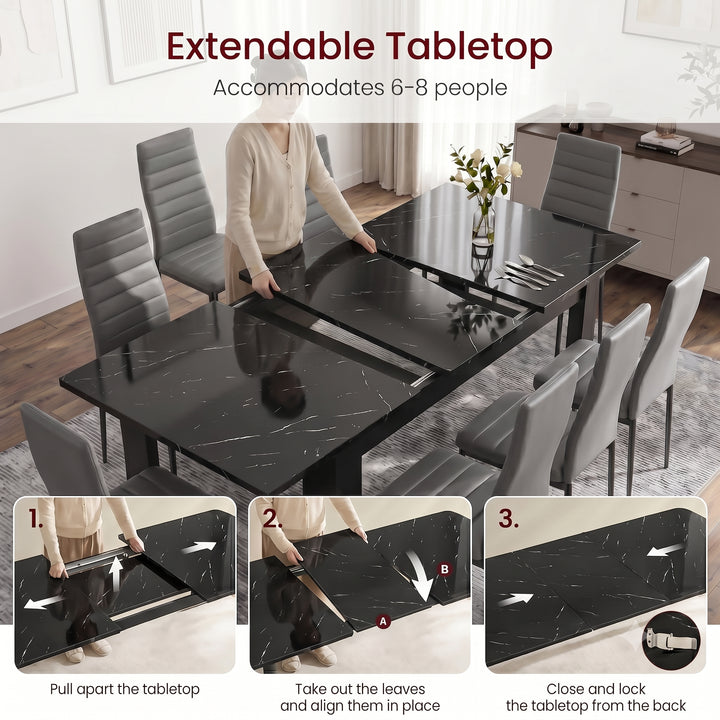 [8 Seater | Grey] Milo extension guide showing tabletop opening, centre leaf placement, and lock-close steps
