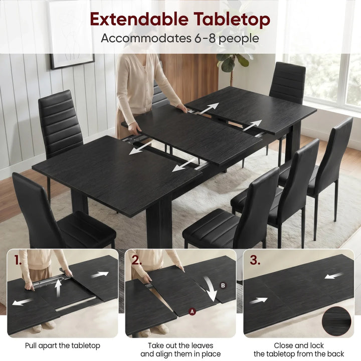 [Black Wood] Infographic demonstrating the three-step extension mechanism of the Milo Black Wood Effect Extendable Dining Table 170-220cm.