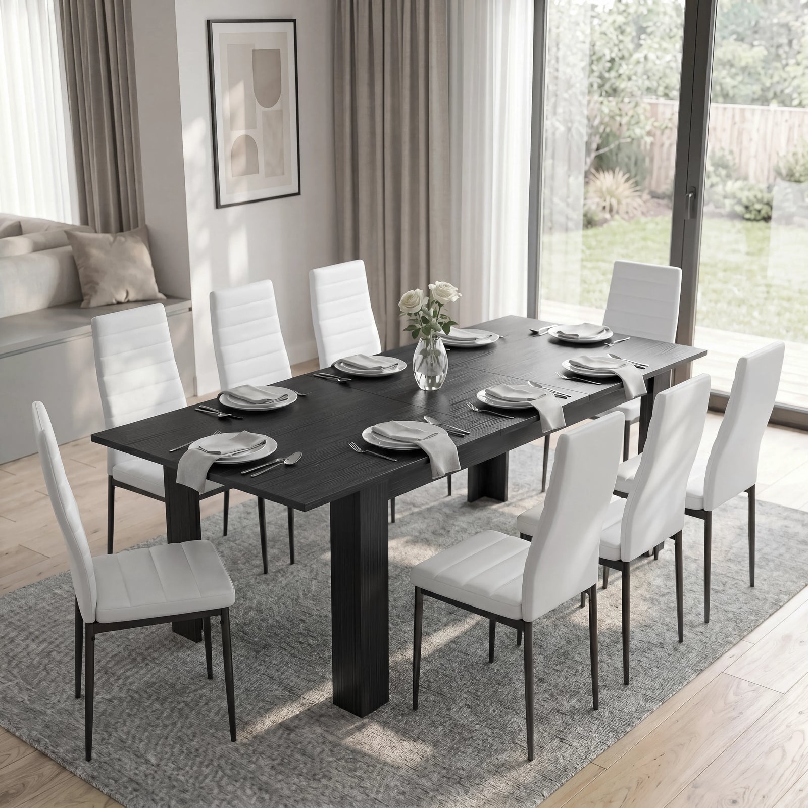 [8 Seater | White] Milo extendable dining table set extended to 220cm with eight white chairs and laid out with cutlery