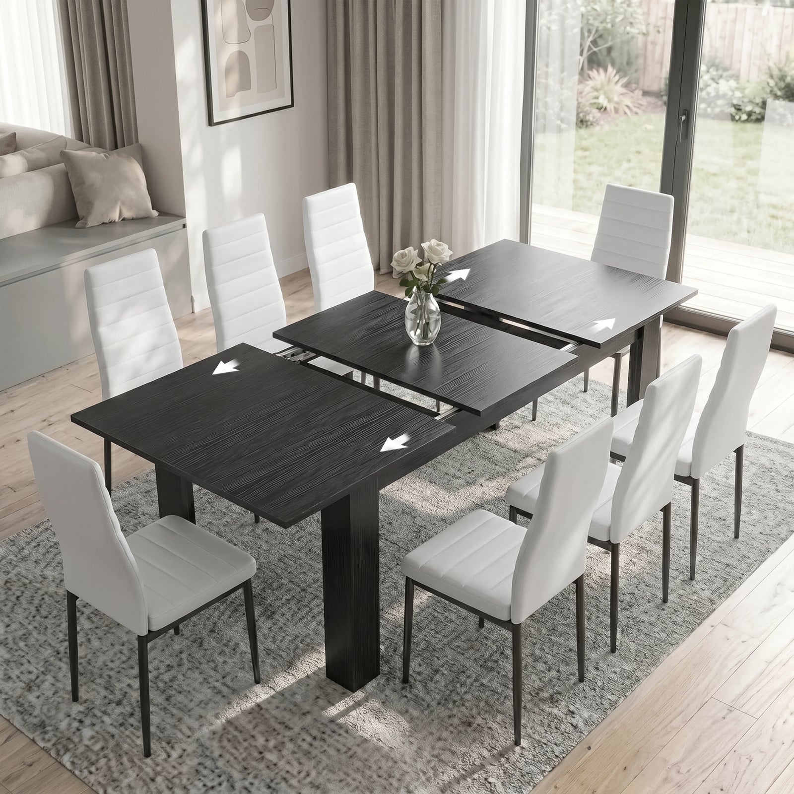[8 Seater | White] Milo extendable dining table set with hidden leaf placed and showing sliding rails