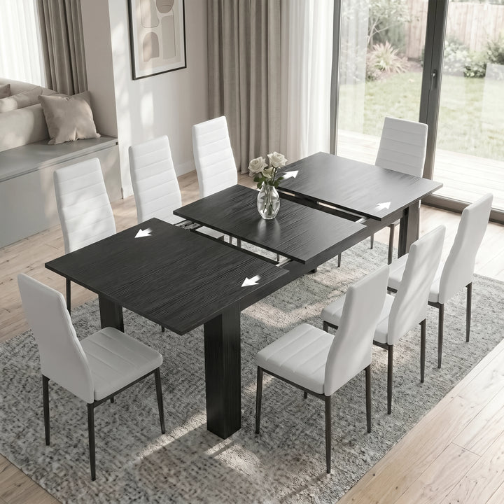 [8 Seater | White] Milo extendable dining table set with hidden leaf placed and showing sliding rails