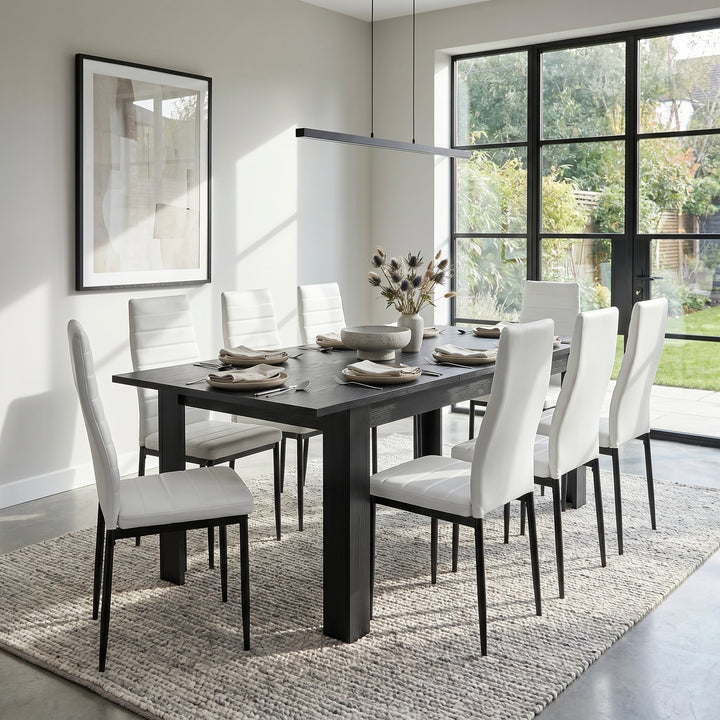 [8 Seater | White] Milo extendable dining table set full laid out for 8 seater with white high back chairs in dining room