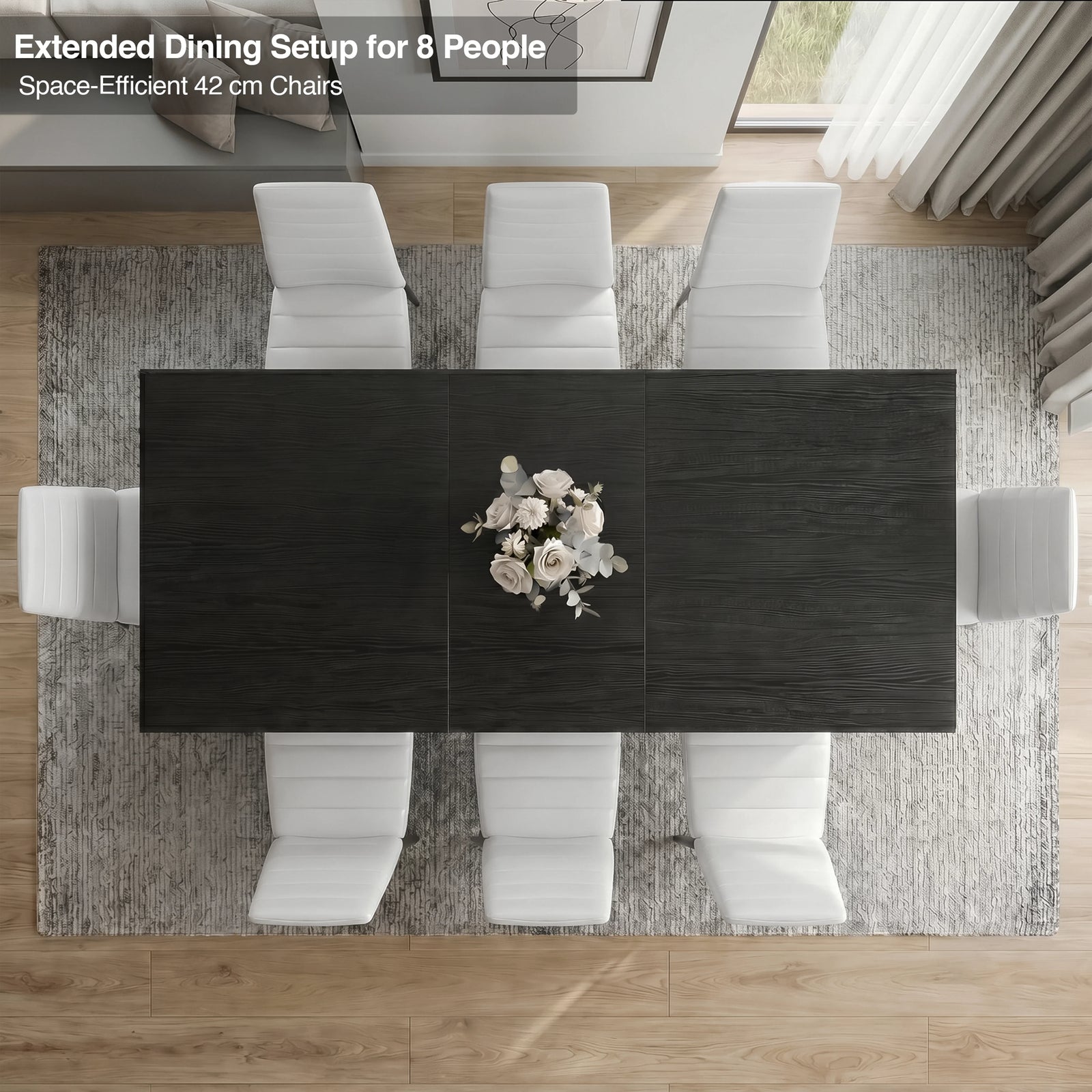 [8 Seater | White] Top-down view of Milo extendable dining table set with eight white chairs arranged with efficient spacing